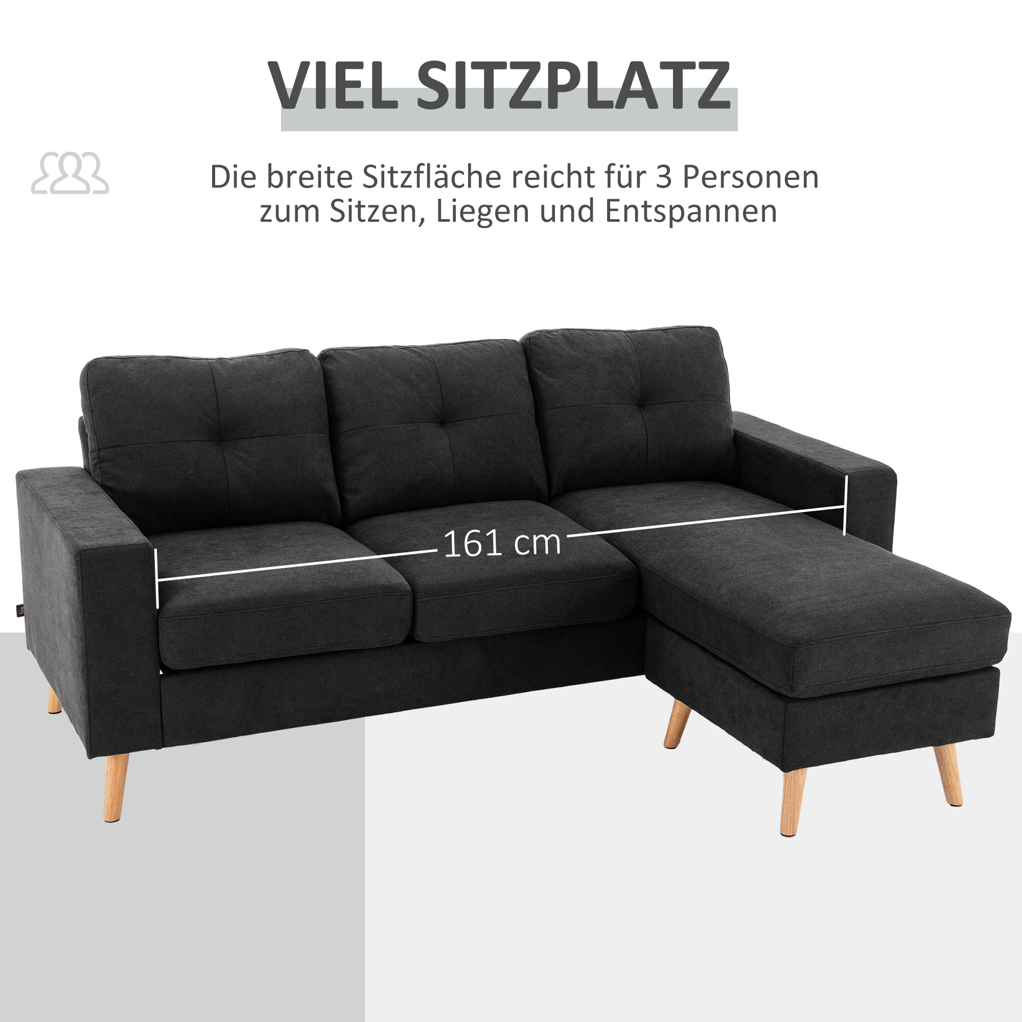 HOMCOM Ecksofa mit abnehmbarem Bezug schwarz 193L x 136B x 85H cm