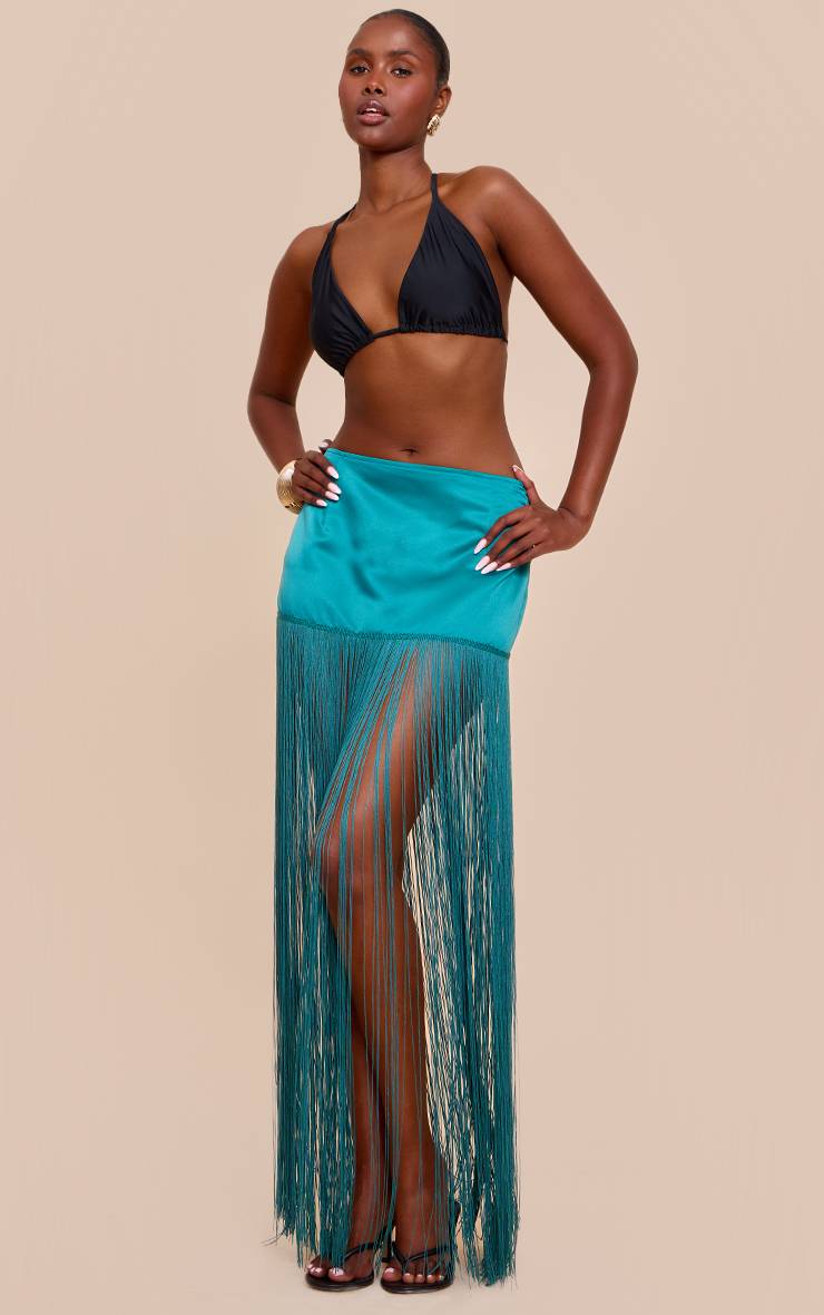 Vert Turquoise Mini-jupe En Satin À Franges Extrêmes