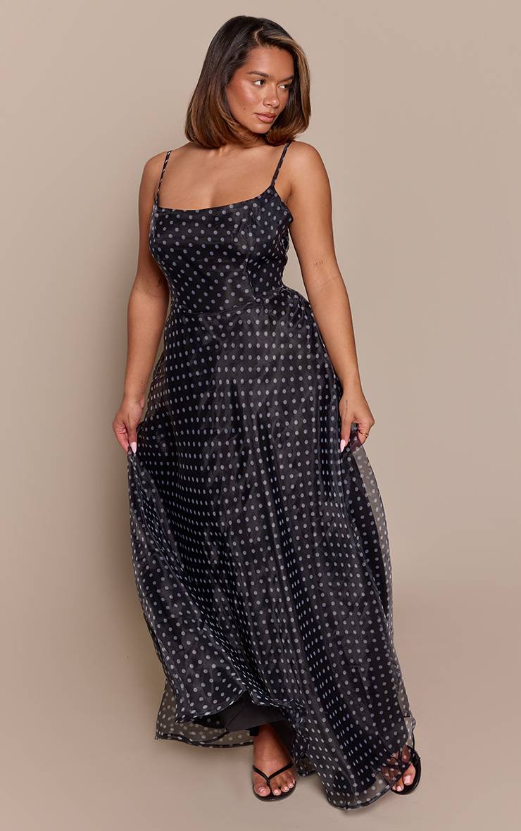 Black Polkadot Robe Longue En Organza Shape À Pois