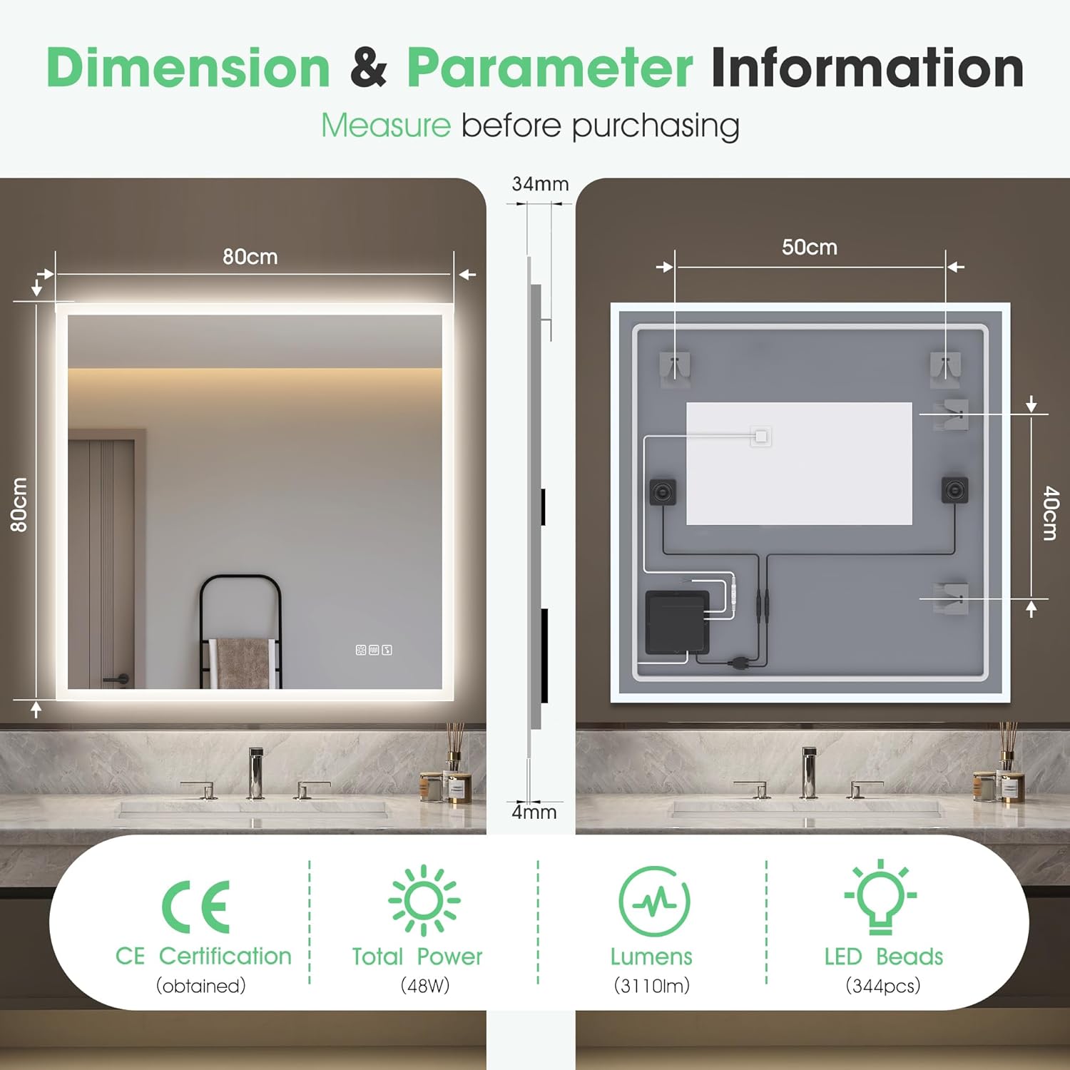 S'bagno Badezimmer-Spiegel-mit-Beleuchtung 80x80cm, LED-Badspiegel-mit-Beleuchtung, Bluetooth, Entfoggen, 3 Farben, Dimmbar, Speicherfunktion, Gehärtetes Glas, IP44 Wasserdicht, Horizontal/Vertikal