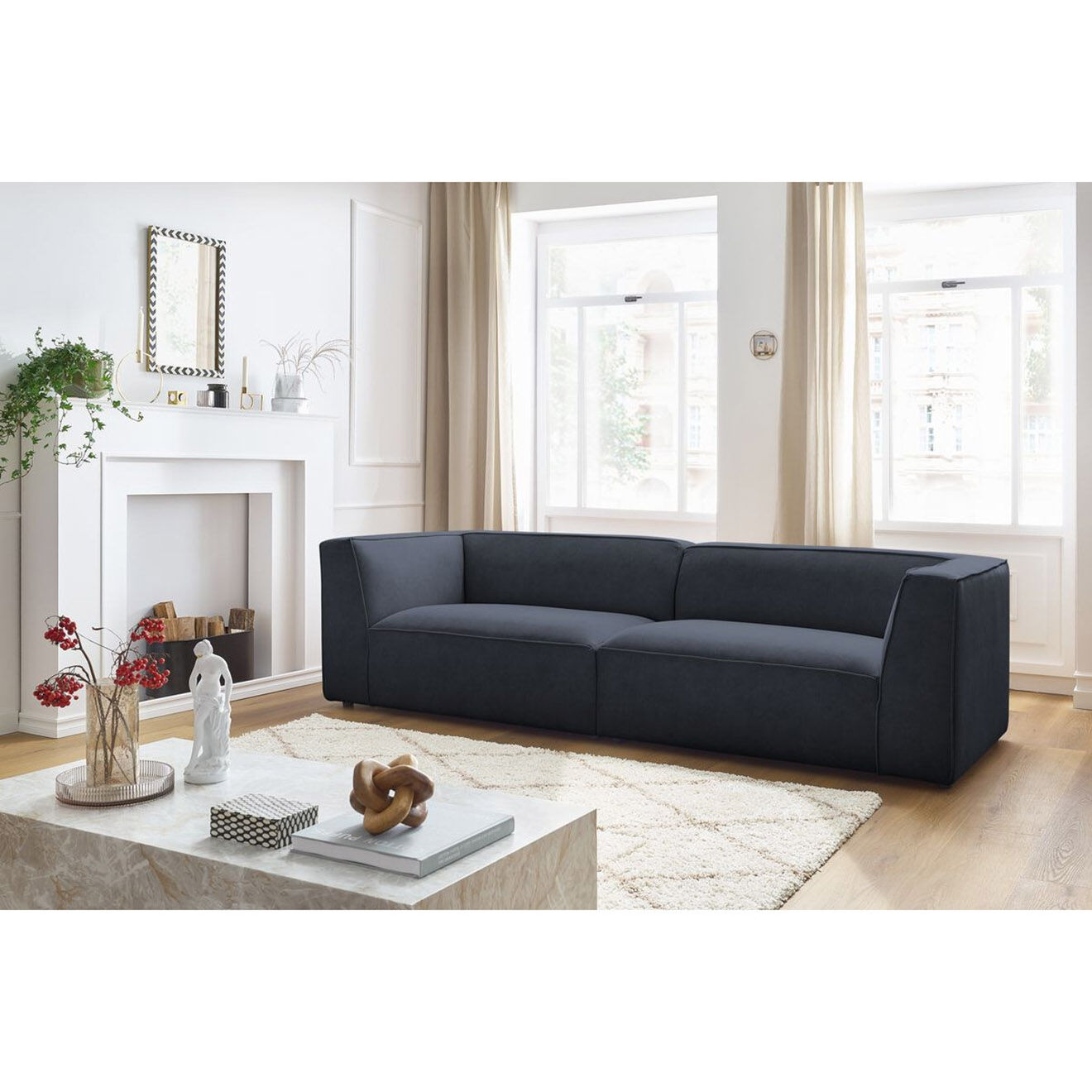 Bobochic Canapé droit fixe 4 places en Velours Molière bleu foncé - 273x99x71 cm