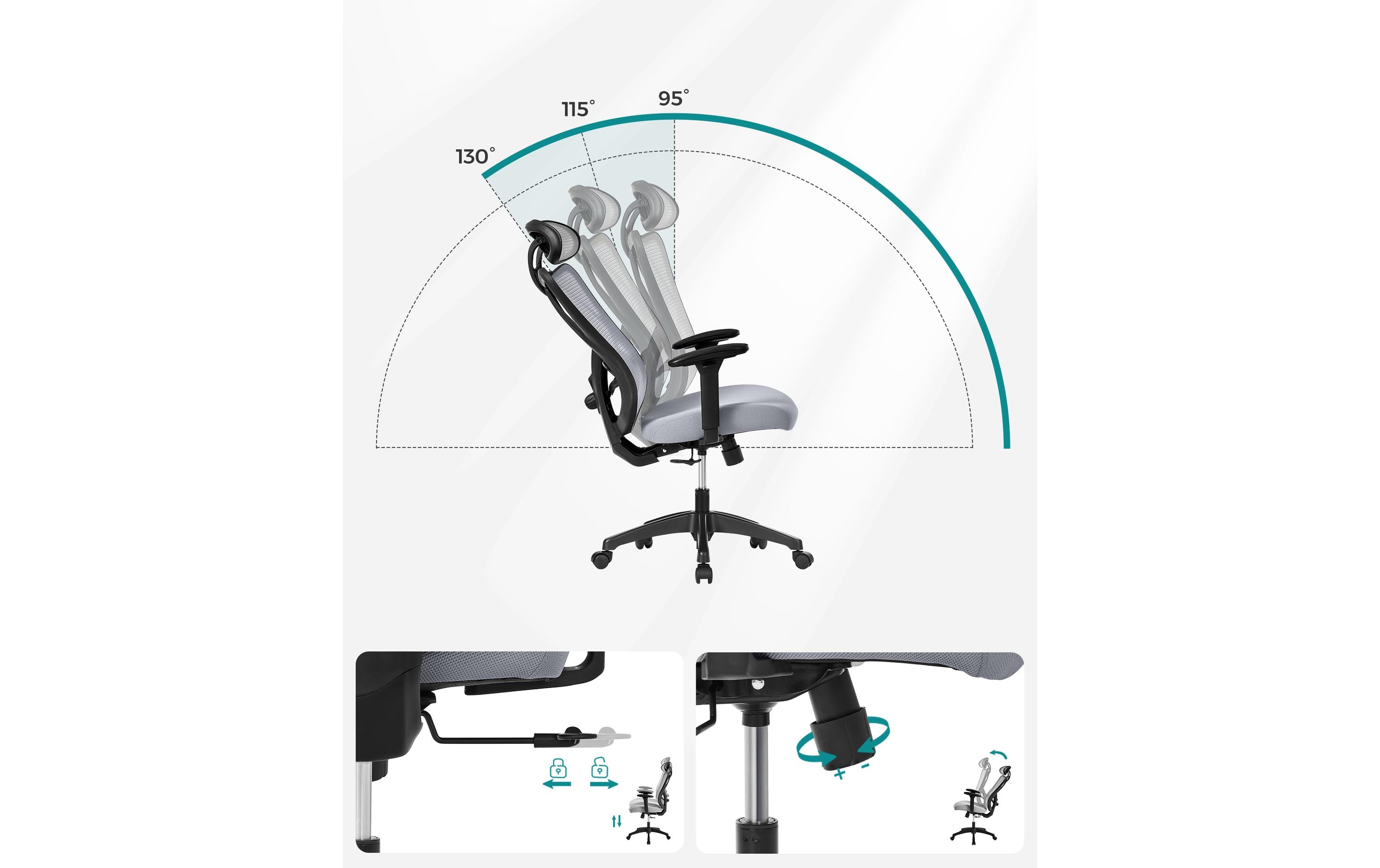 Bürostuhl mit Netzrücken, Kopfstütze und Armlehnen, Grau<br>Ergonomischer Schreibtischstuhl