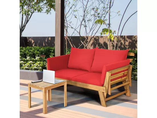 Canapé Lit de Jardin Convertible 2 Places en Bois d’Acacia avec Coussin, Canapé de Jardin 2 en 1 avec Accoudoir Réglable Charge 320KG, pour Patio Piscine (Rouge)