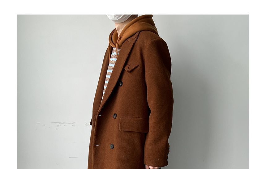 Freehop - Peak Lapel Plain Midi Double-Breasted Coat