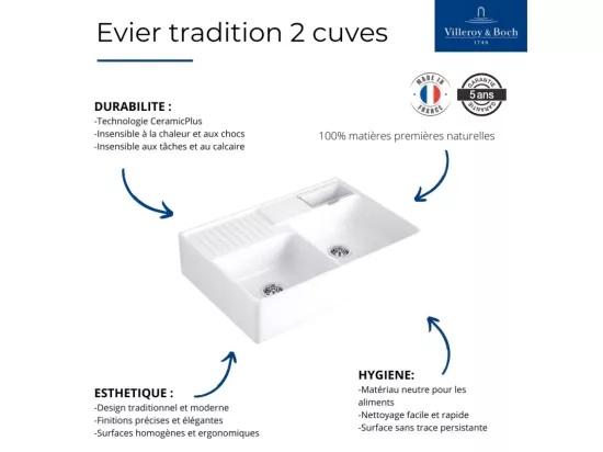Evier timbre d'office VILLEROY ET BOCH Tradition 89,5 x 63 céramique vidage auto blanc