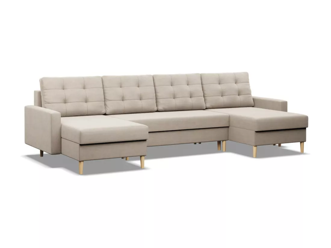 Grand Canapé d'angle en U avec fonction sommeil, Coussin réversible, Beige