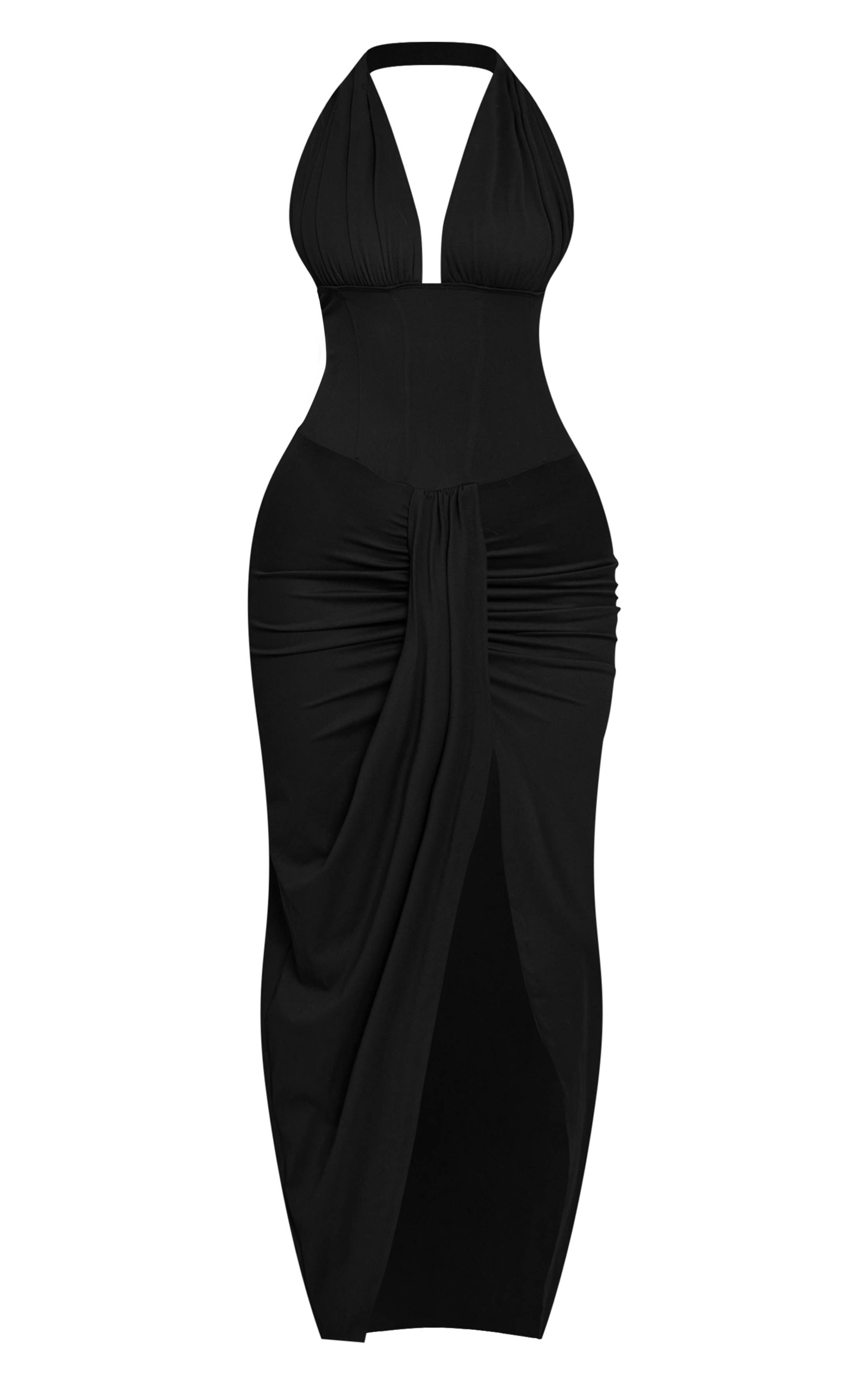 Noir Robe Longue Drapée À Décolleté Plongeant Sculptante