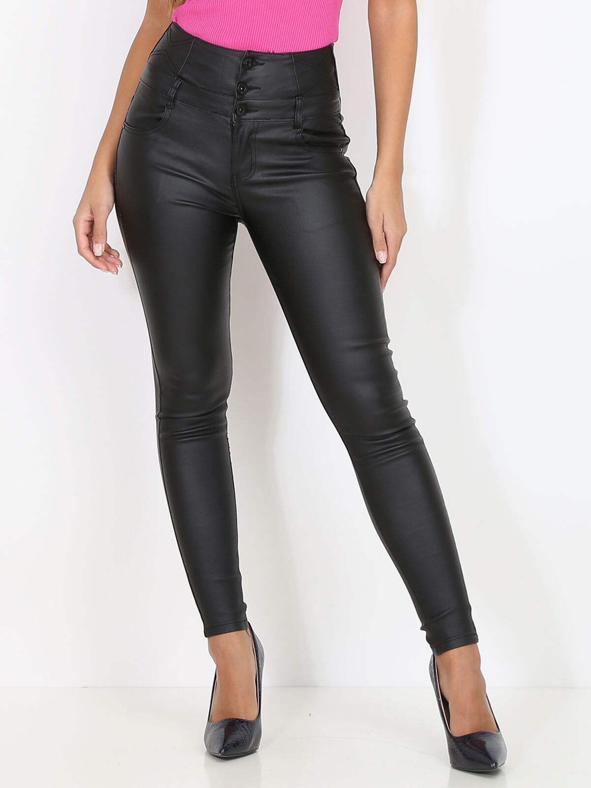 Pantalon enduit à boutons et surpiqûres- Noir