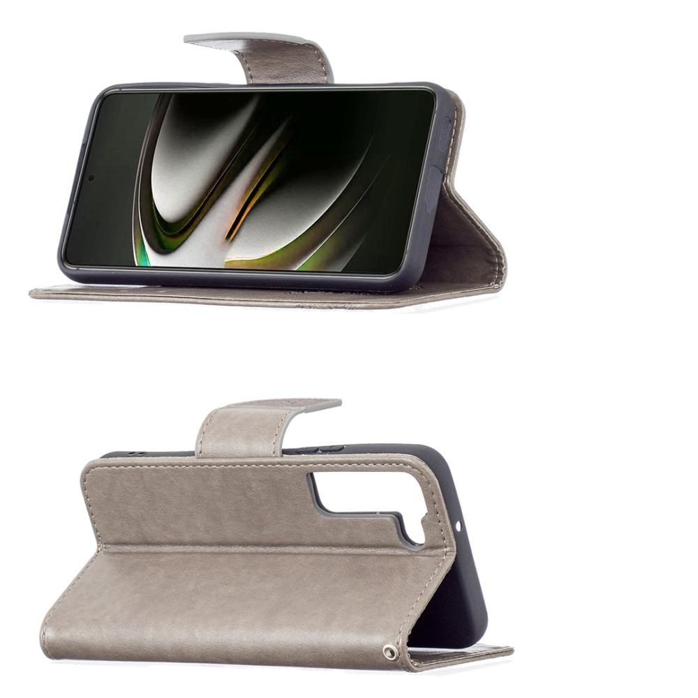 Samsung Galaxy S22 5G Leder Tasche mit Kartenfach   Handschlaufe Schmetterling - Grau