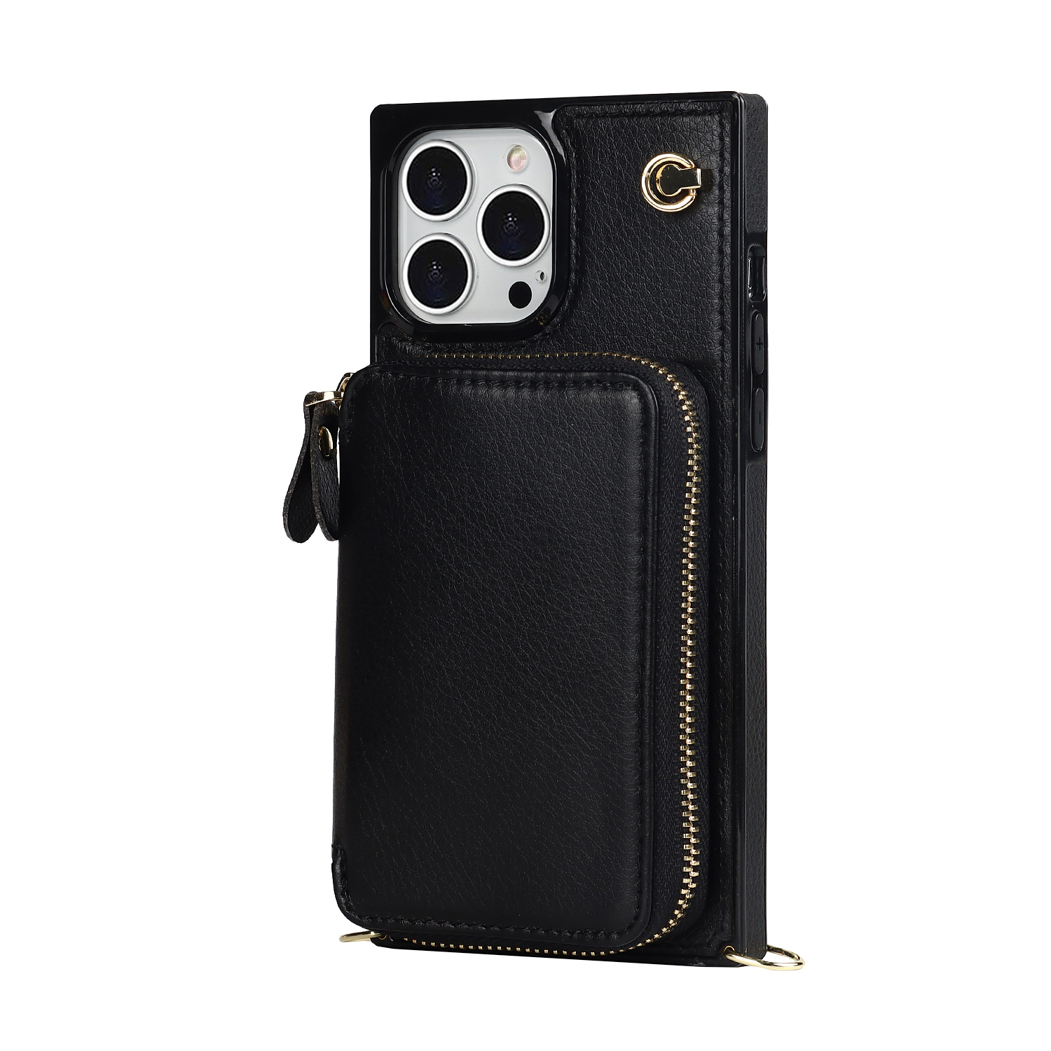 iPhone 13 Pro Necklace Leder Schutz Hülle mit Kartenfächer   Handykette (140cm) - Schwarz