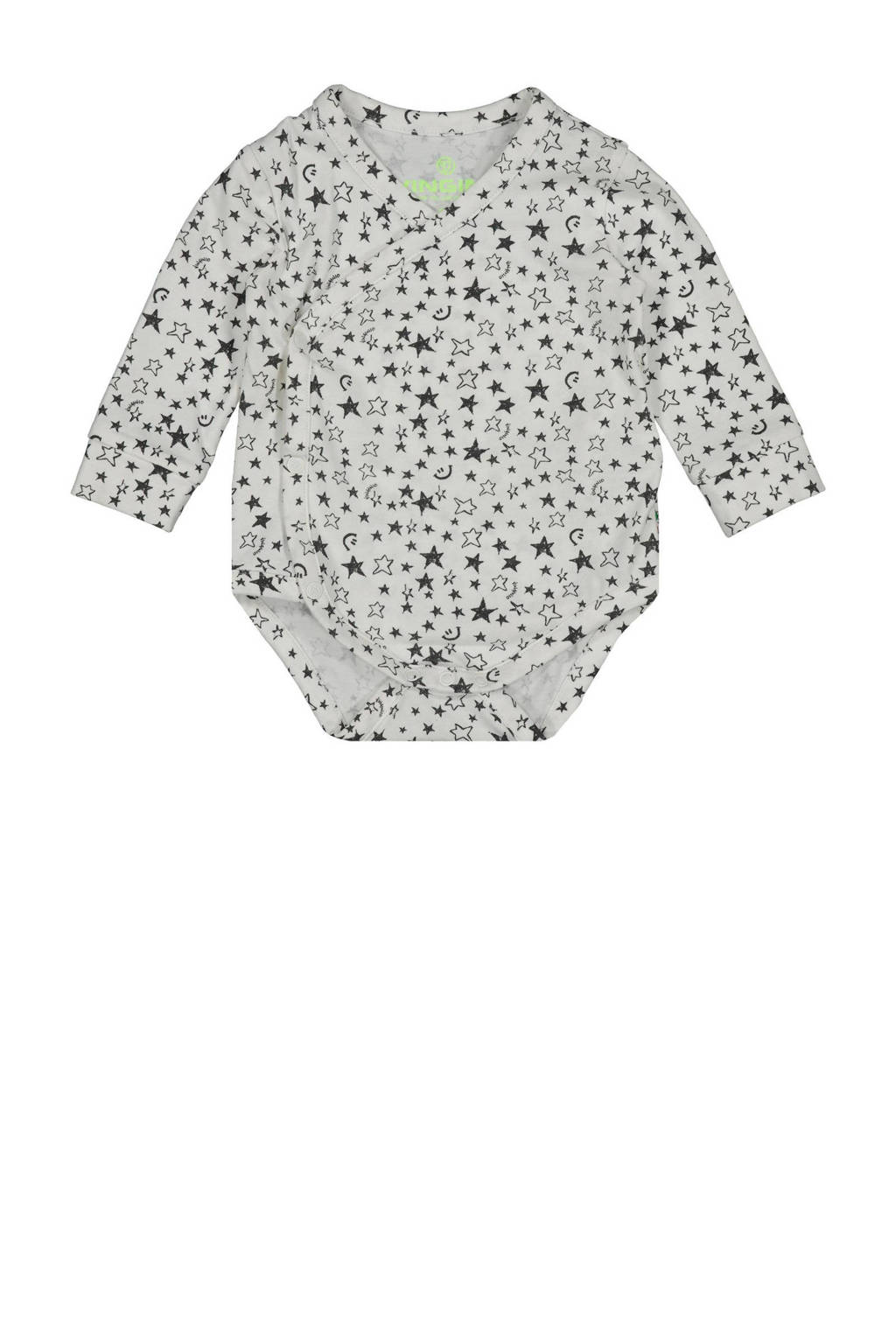 Vingino new born overslag romper Peri met all over print grijs/offwhite