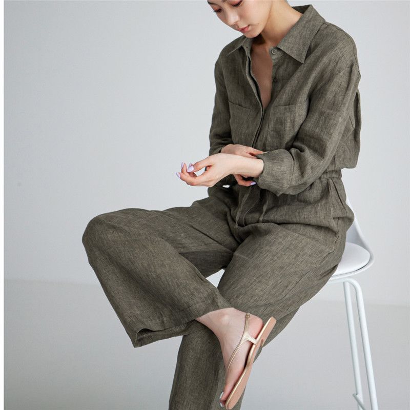 Felixia - Jumpsuit met lange mouwen en kraag en wijde pijpen