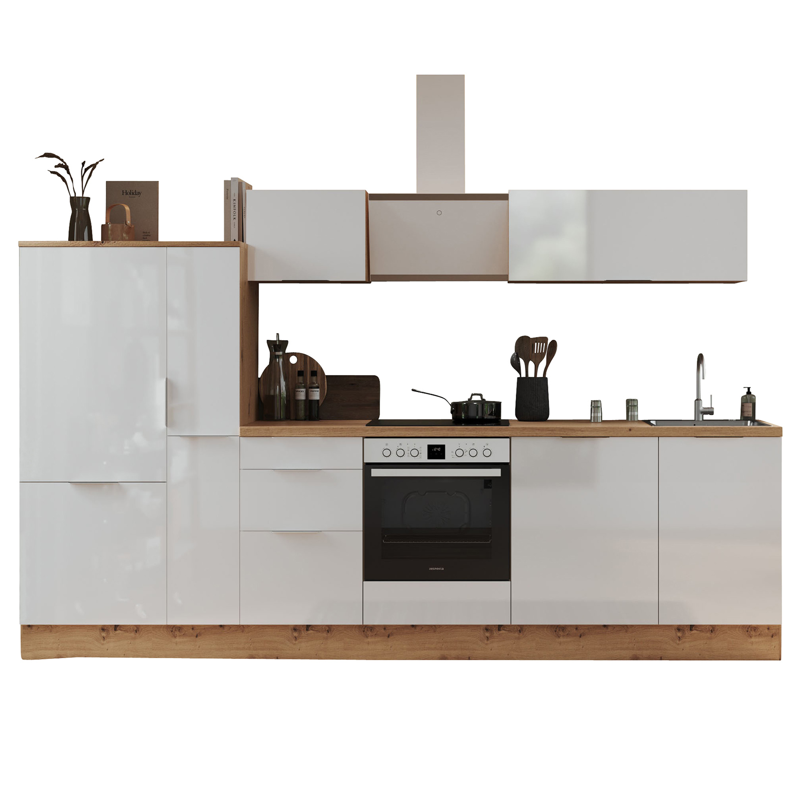 RESPEKTA Küchenblock - weiß Hochglanz - Artisan Eiche - mit E-Geräten - 310 cm