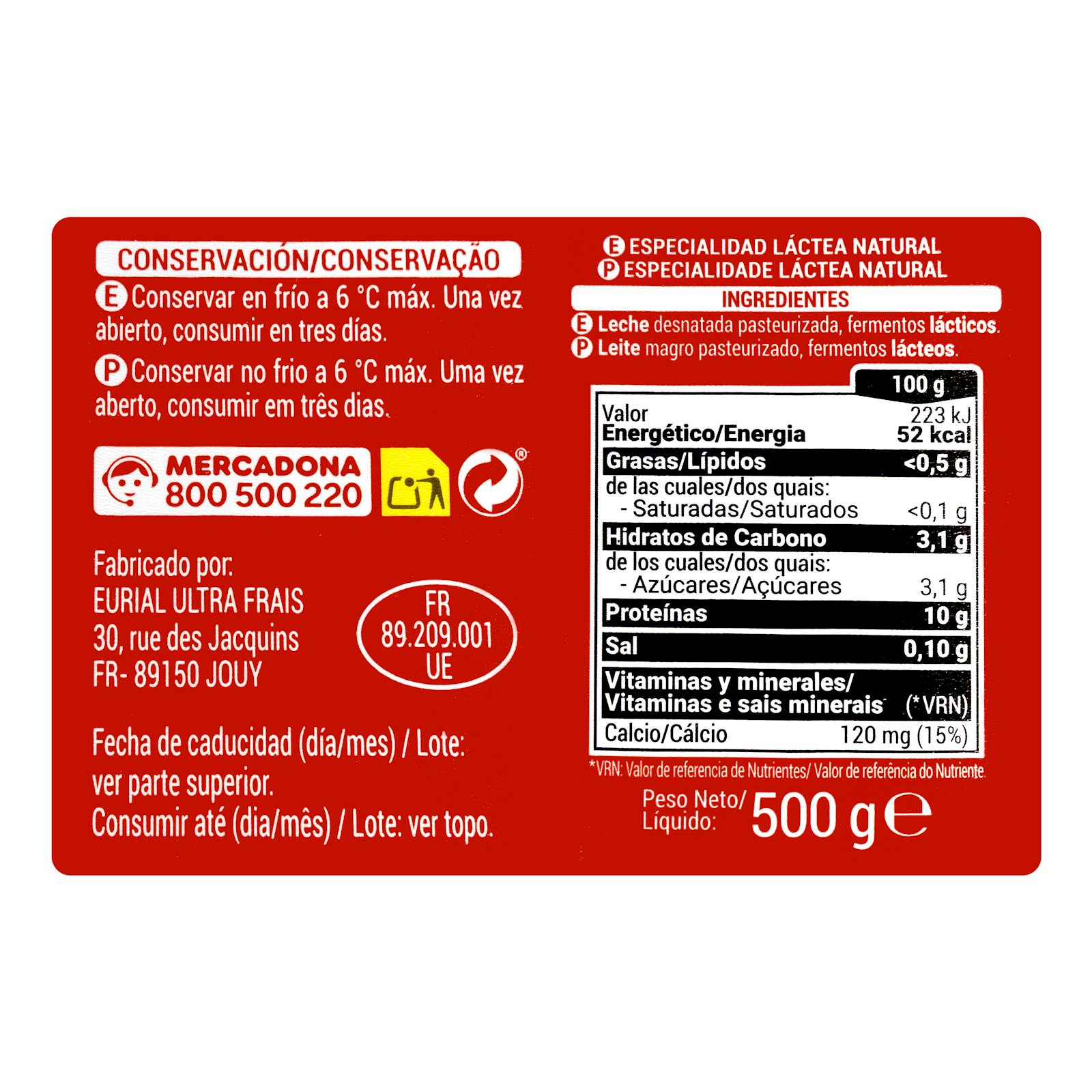 Dessert laitier naturel + Protéines Hacendado 0% mg 10 g de protéines