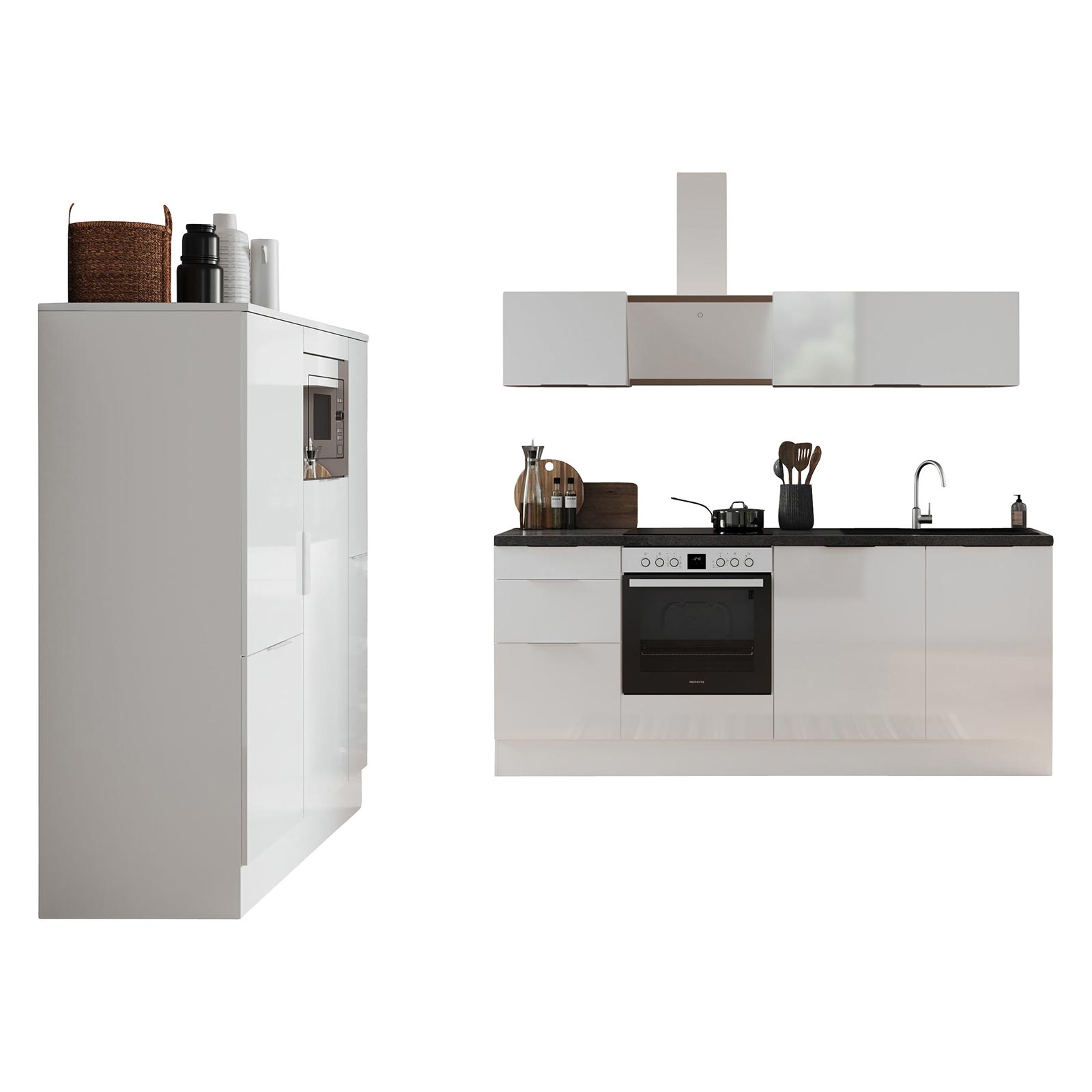 RESPEKTA Küchenblock - weiß Hochglanz - mit E-Geräten - 370 cm