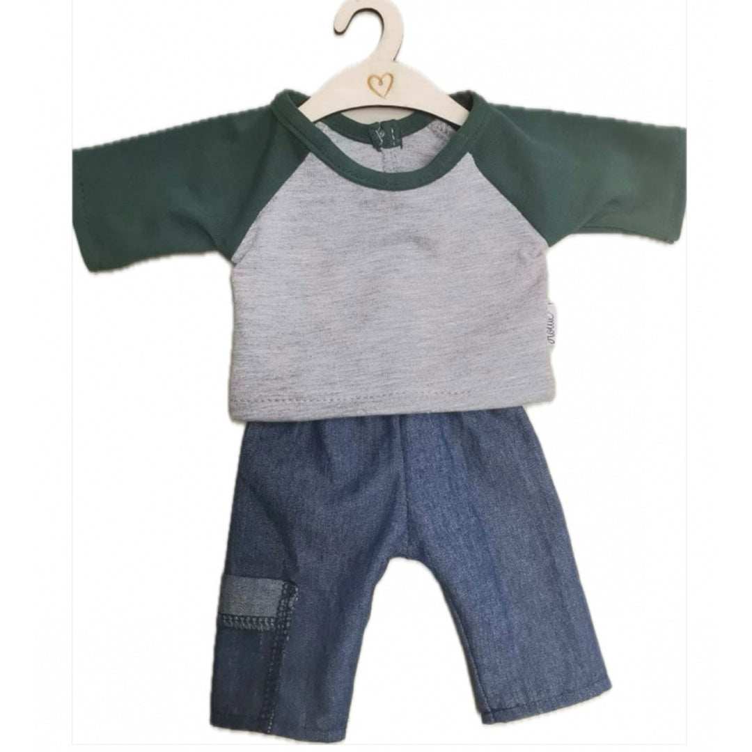 hollie poppenkleding jeans met zak en shirt - groen - 34 cm