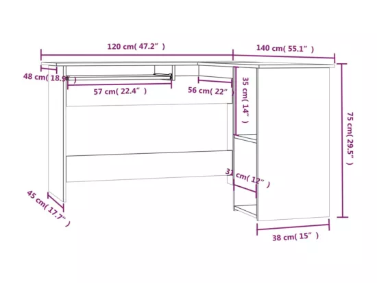 Bureau d'angle sonoma gris 120x140x75 cm bois d'ingénierie