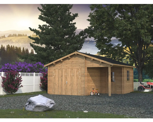 Palmako Roger vrijstaande garage, 21,9+5,2 m², met houten deur 510 x 550 cm, bruin gegrond.