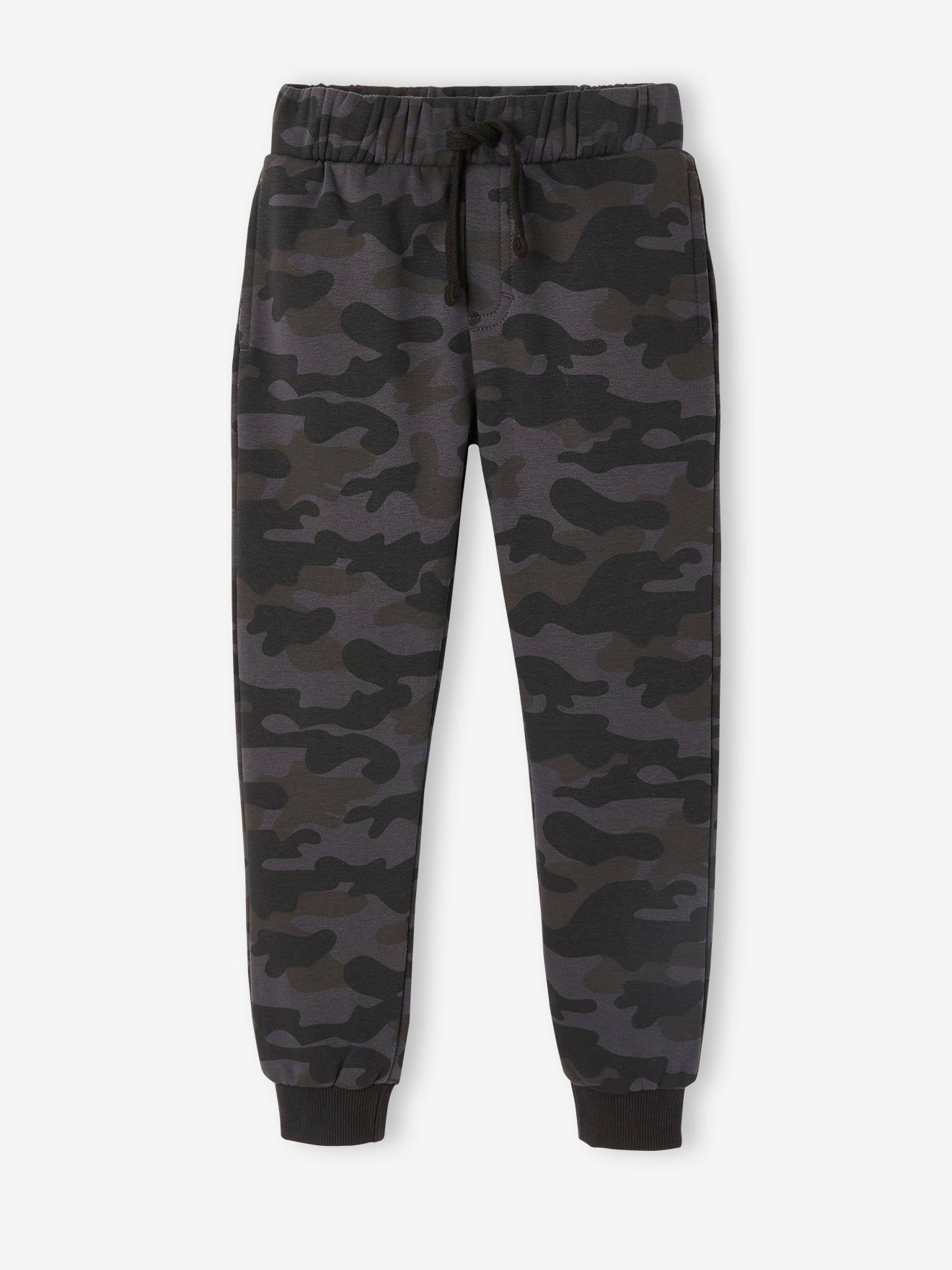 Calças de moletom pretas estampadas e camufladas para meninos