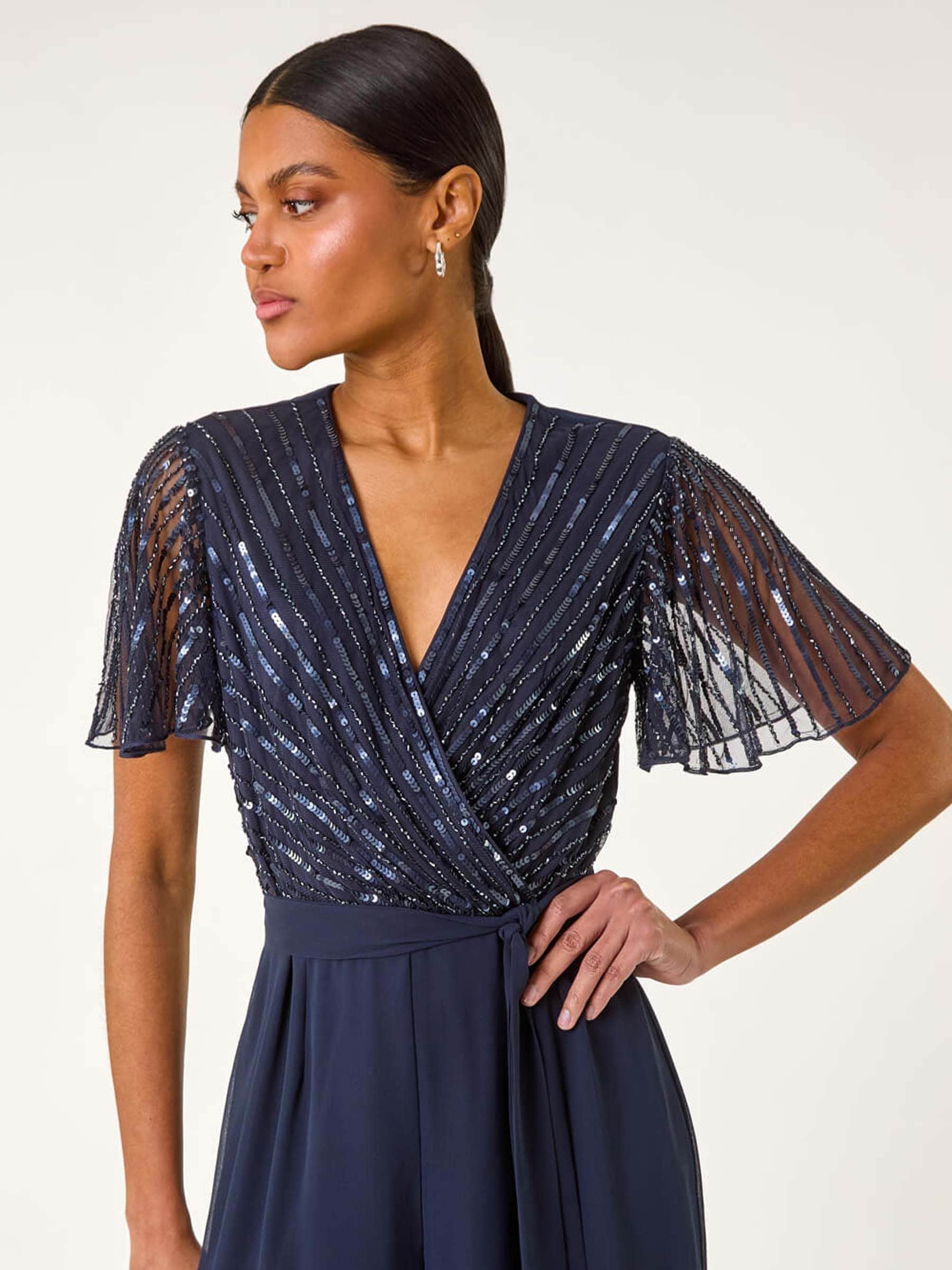 Roman Embellished Beaded V-Neck Jumpsuit