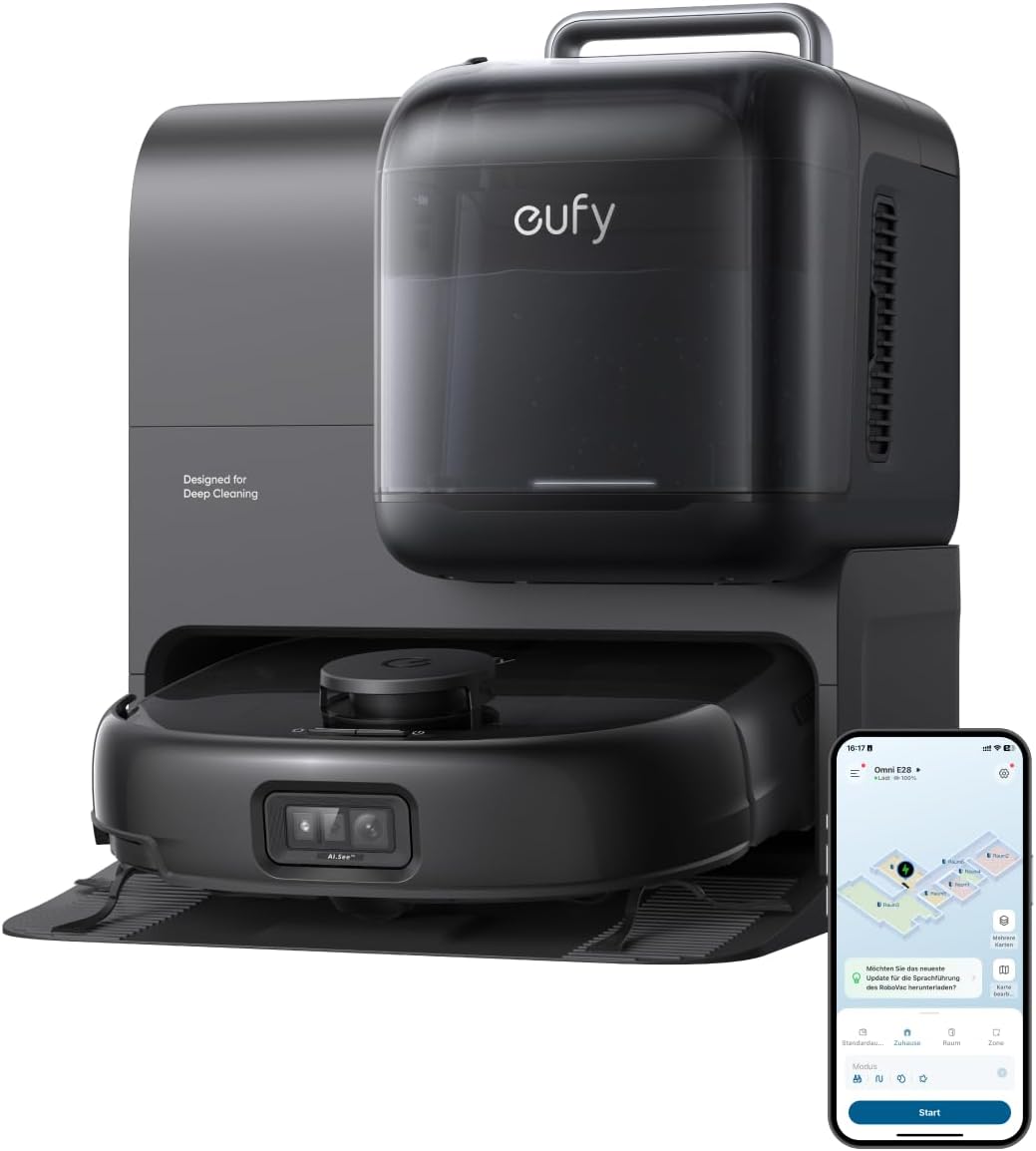 eufy Omni E28 HydroJet Saugroboter mit Wischfunktion, tragbarer Tiefenreiniger, 20.000Pa Turbo-Saugkraft, All-in-One-Station, für Tiere & Kinder. (Generalüberholt)