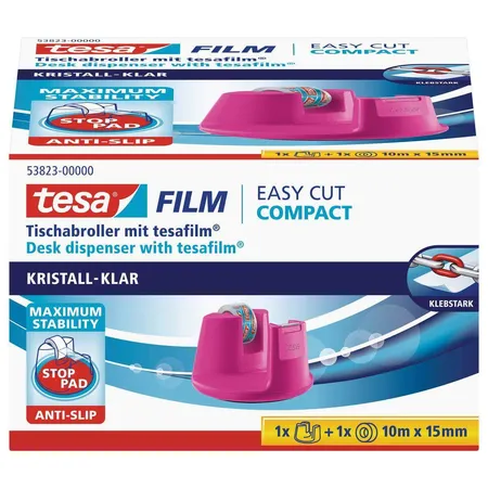 tesa Tischabroller Easy Cut Compact, pink inkl 1 Rolle tesafilm kristall-klar 10mx15mm