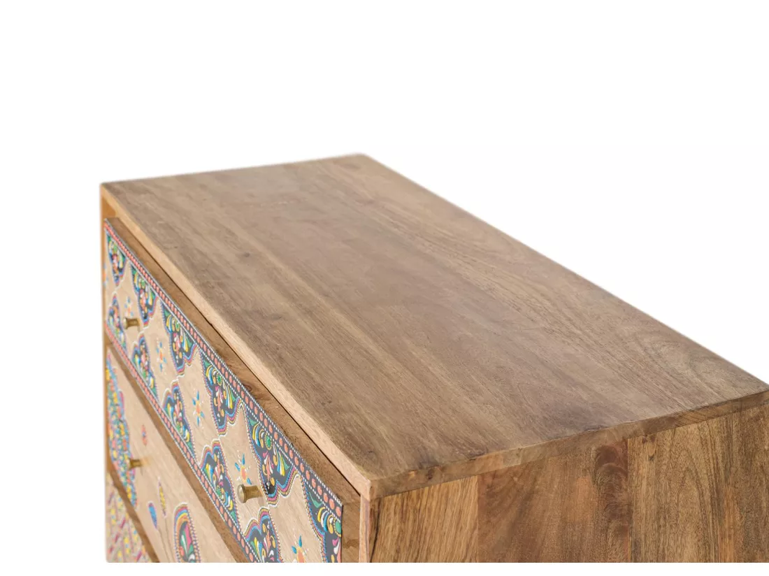 Commode en bois de manguier massif avec détails peints à la main
