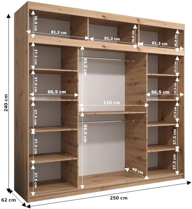 MEBLE KRYSPOL Kleiderschrank mit Spiegel Verona 2 - Garderobenschrank - Schrank Schlafzimmer - Mehrzweckschrank DREI Schiebetüren - Regalen - Flur Möbel - Kleiderstange Schrank - Allzweckschrank