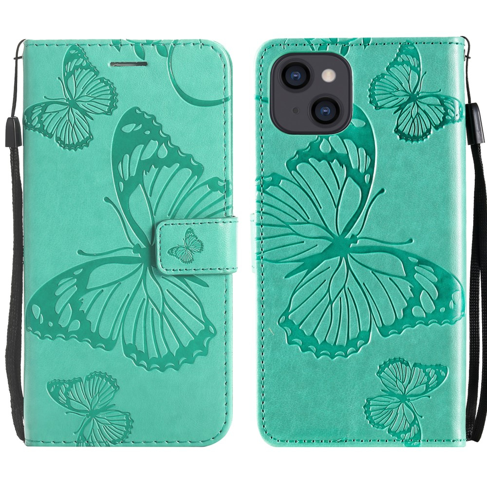 iPhone 13 Leder Tasche mit Kartenfach   Handschlaufe Schmetterling - Türkis