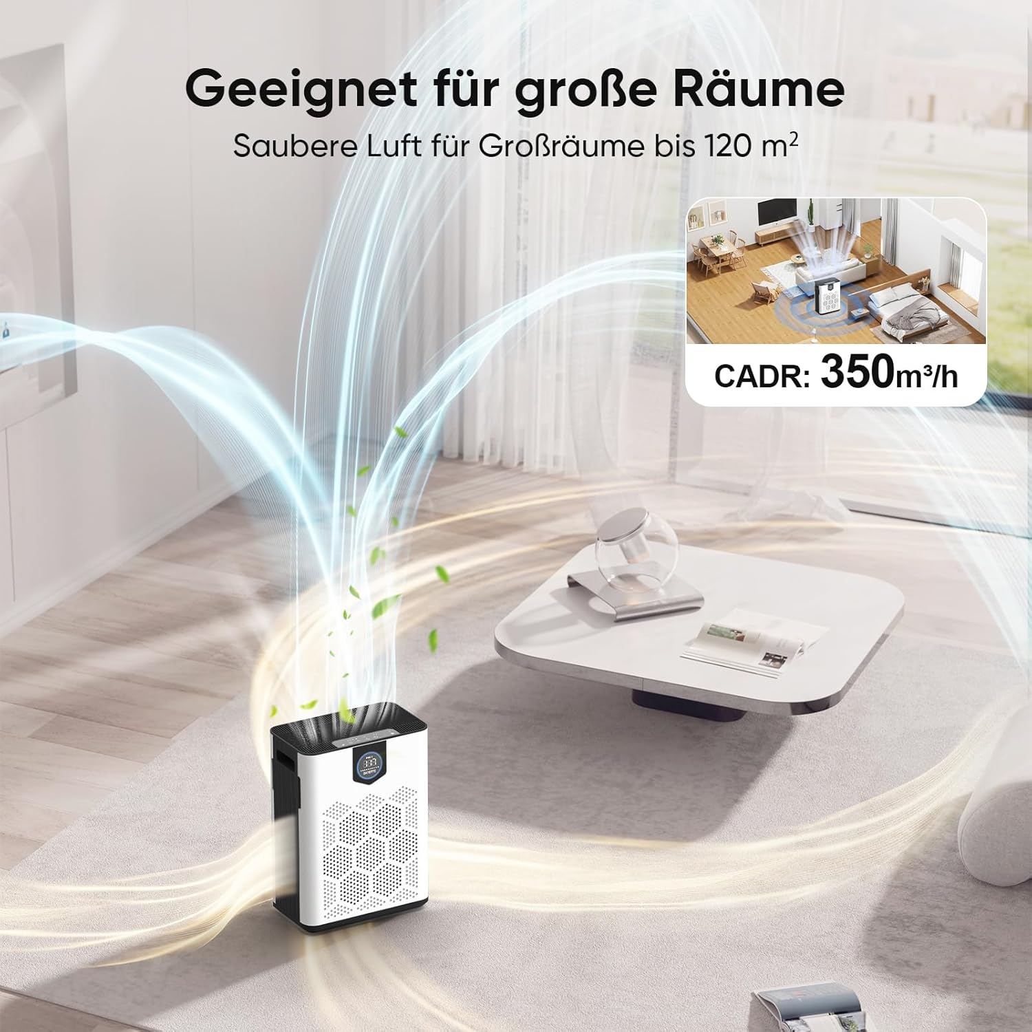Luftreiniger für Allergiker, mit 2 × H14 HEPA Filtern & Waschbarem Vorfilter, CADR 350 m³/h, Große Räume bis 120 m², 6-stufiges Filtersystem, gegen Pollen, Tierhaare, Rauch & Raucherzimmer
