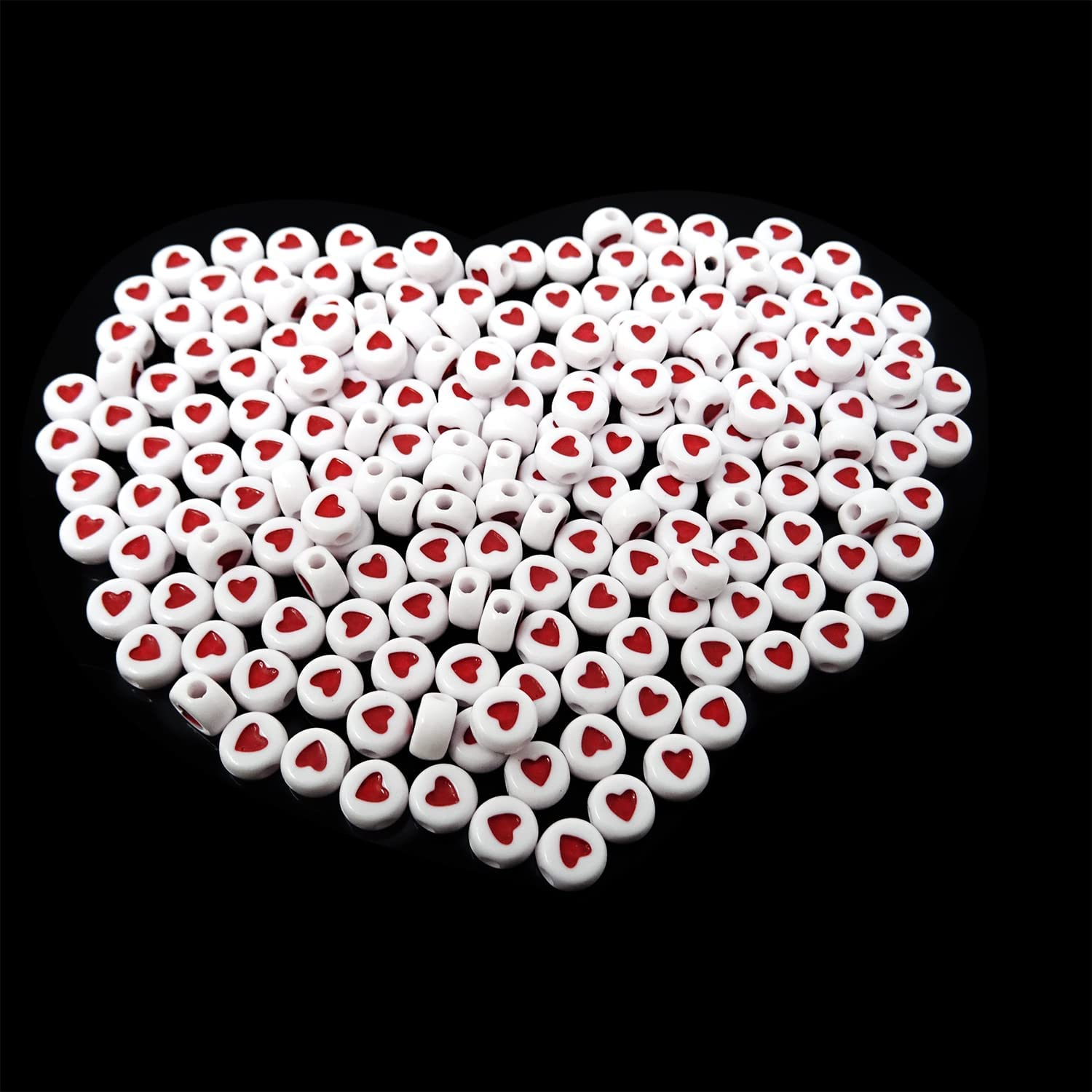 (100er Set) 7mm Herz Perlen DIY Bastel Schmuck Zwischenperle für Armband / Kette - Weiss / Rot