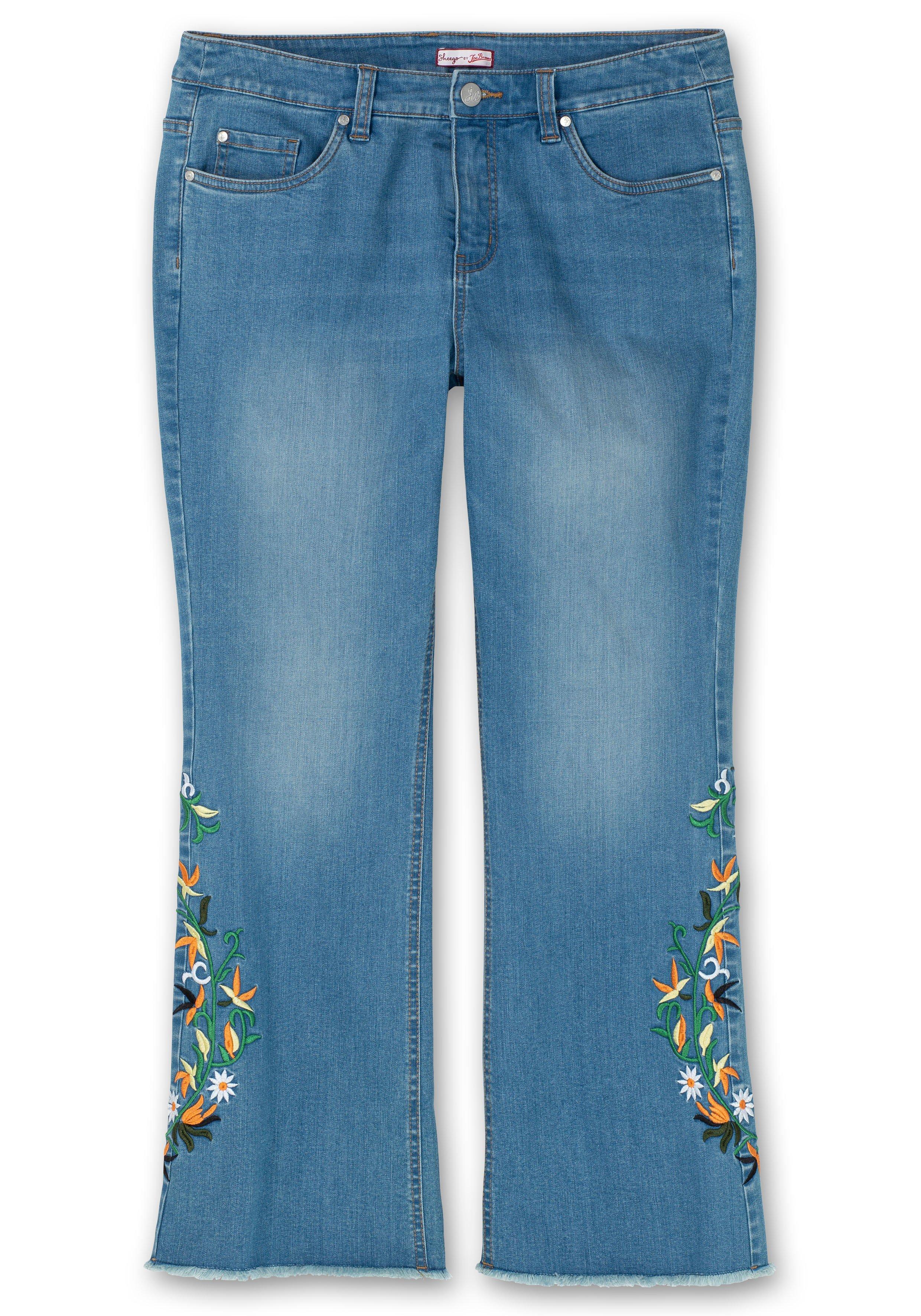 Bootcut-Jeans mit Blumenstickerei und Fransensaum