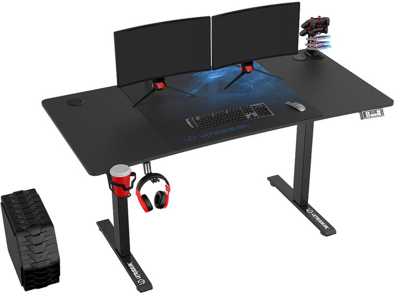 Ultradesk Gaming Tisch Level V2 Blau Elektrisch höhenverstellbarer Gaming-Tisch für bis zu zwei Monitore