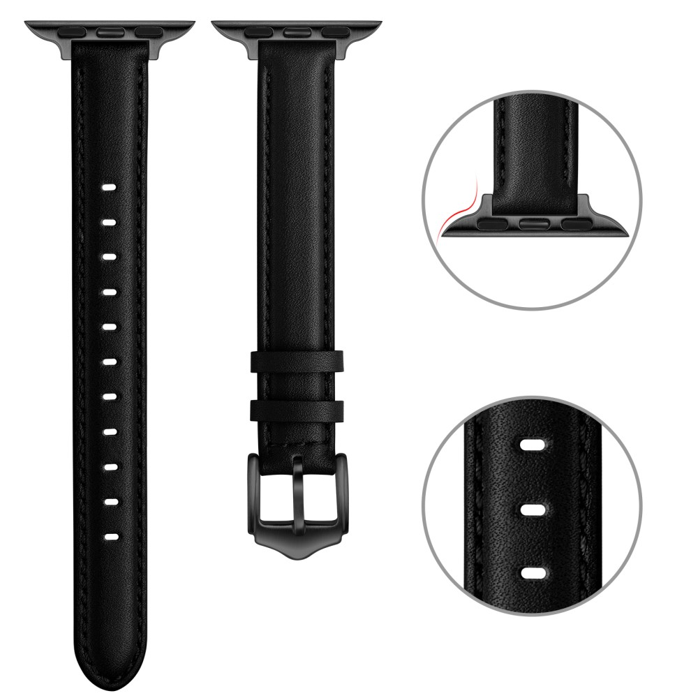 Apple Watch (49/46/45/44 mm) Echtleder Ersatz Armband mit Dornschliesse (Gelenkumfang 160-226 mm) - Schwarz