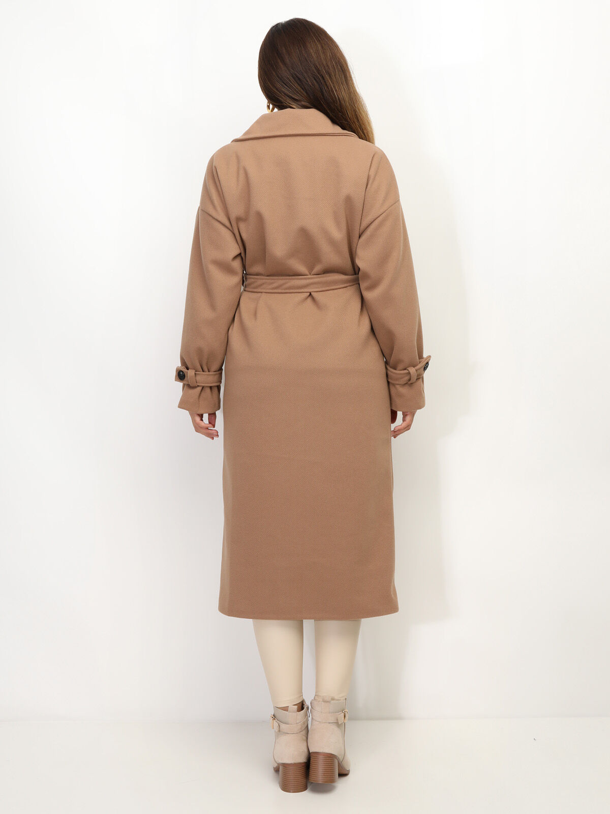 Manteau long oversize à ceinture- Marron clair