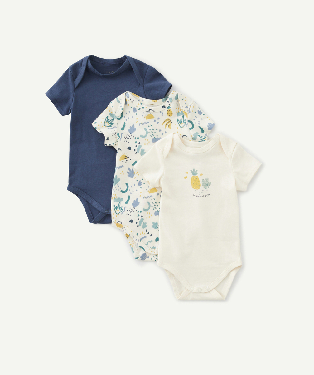 LOT DE 3 BODIES BÉBÉ EN COTON BIO IMPRIMÉ COLORÉ ET UNI