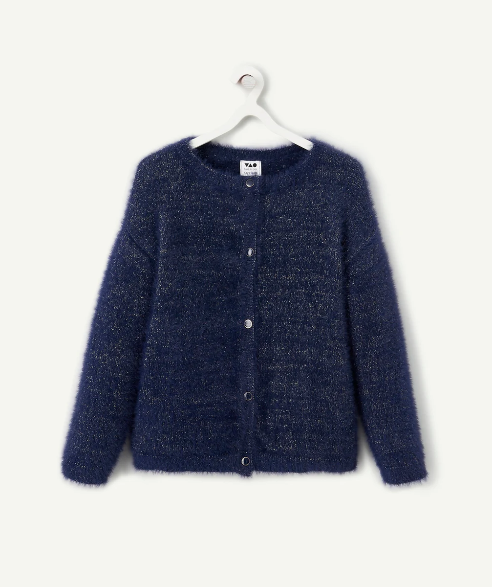 CARDIGAN POILU FILLE BLEU MARINE AUX EFFETS PAILLETÉS DORÉS