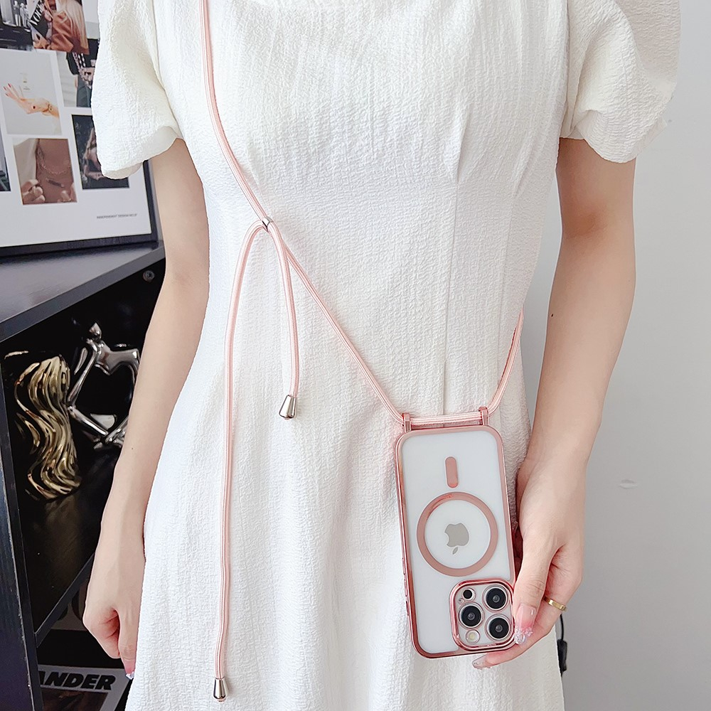iPhone 14 Pro Max MagSafe Necklace Gummi Case Hülle Galvanisierter Rahmen mit Handykette (160cm)   Kameraschutz - Roségold / Transparent