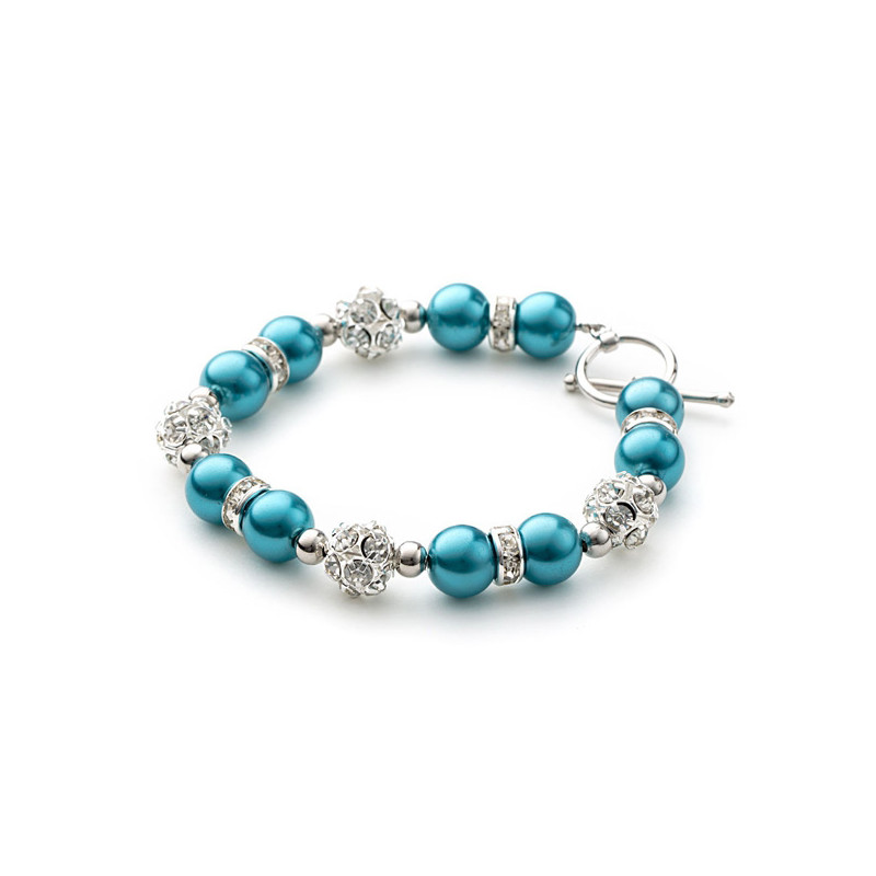 Parure Bracelet et Boucles d'oreilles Perles Bleues, Cristal et Plaqué Rhodium