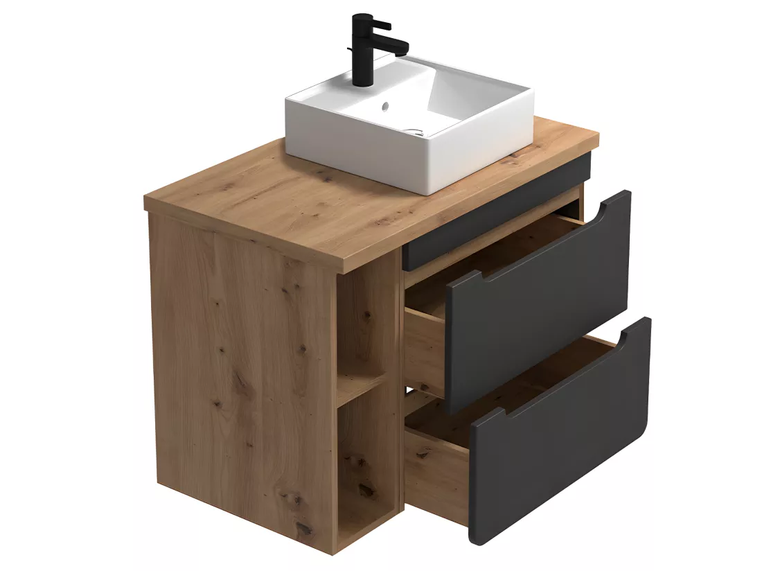 Meuble de salle de bain suspendu simple vasque et niches - Coloris naturel et anthracite - 80 cm - ARUBA