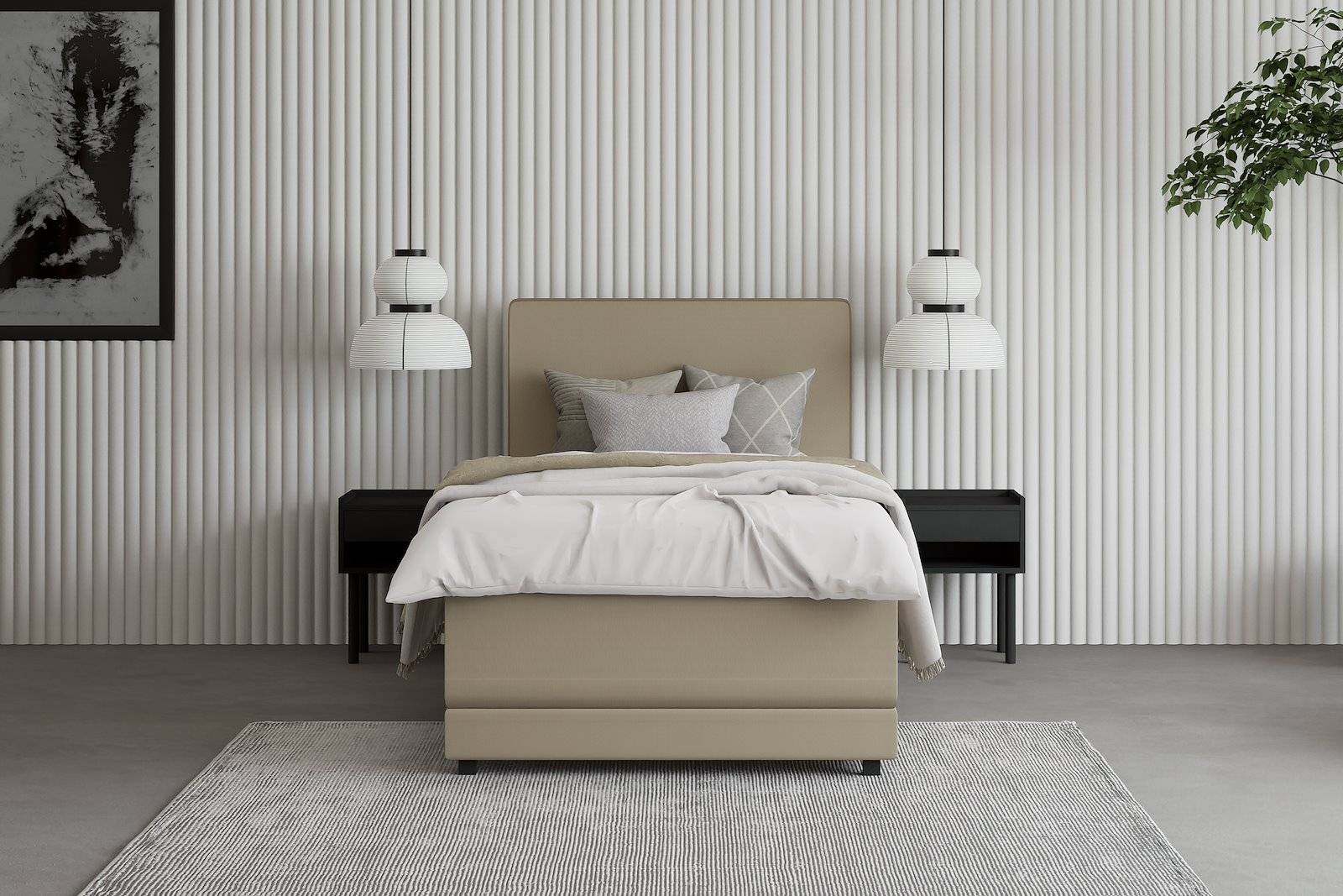 Premium 10 regulerbar seng 90x200 cm Tekstil Storm 09 mørk beige, fast, Premium 10 overmadrass med sorte ben, gavl selges separate.