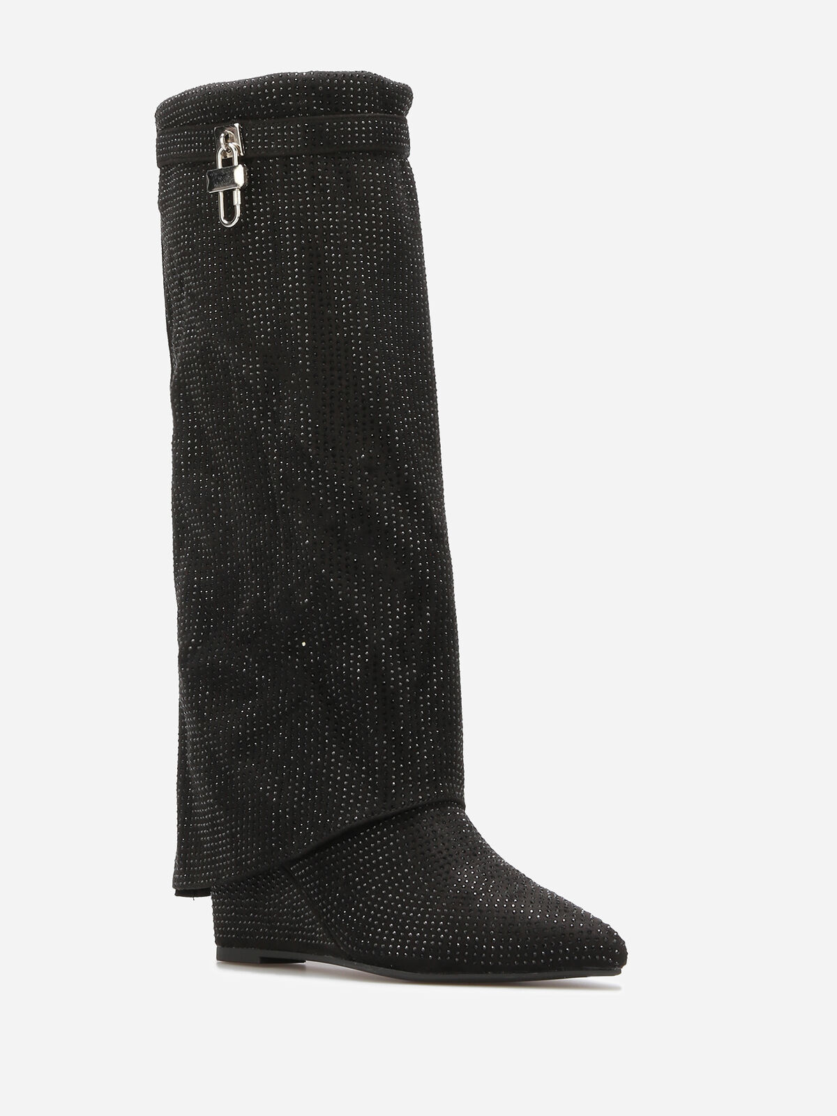 Bottes compensées à rabat et strass- Noir