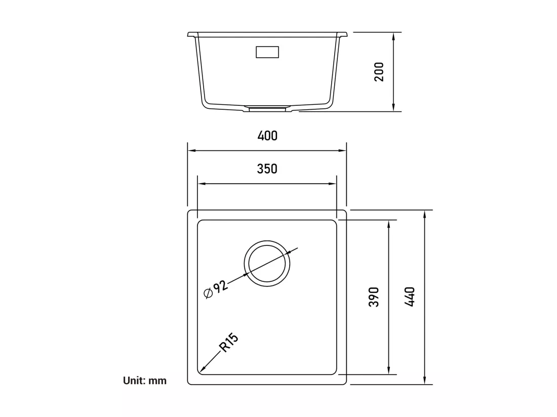 Evier 1 Bac en Quartz et Résine, 3 Options de Montage, 40*44*20cm + Mitigeur de Cuisine en Inox Noir
