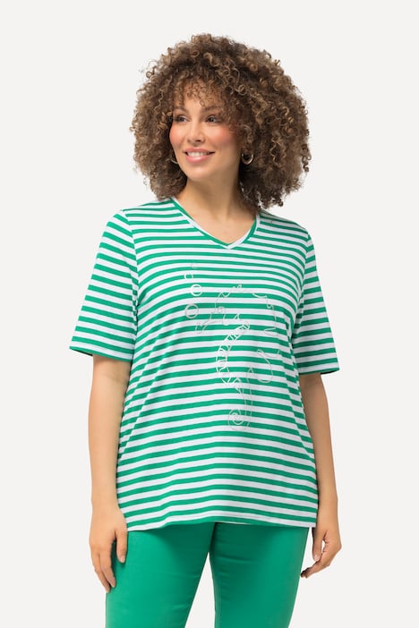 Shirt, Ringel, Metallic-Tier, V-Ausschnitt, Halbarm