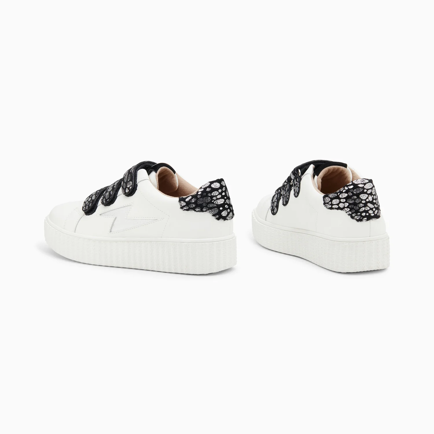 Sneakers-Baskets éclair Daisy blanc et argent à scratchs léopard