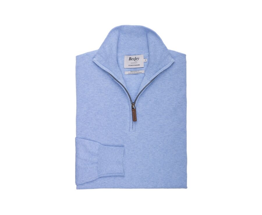 Pull fin homme coton bio/cachemire col zippé Bleu Ciel Chiné - VLAD
