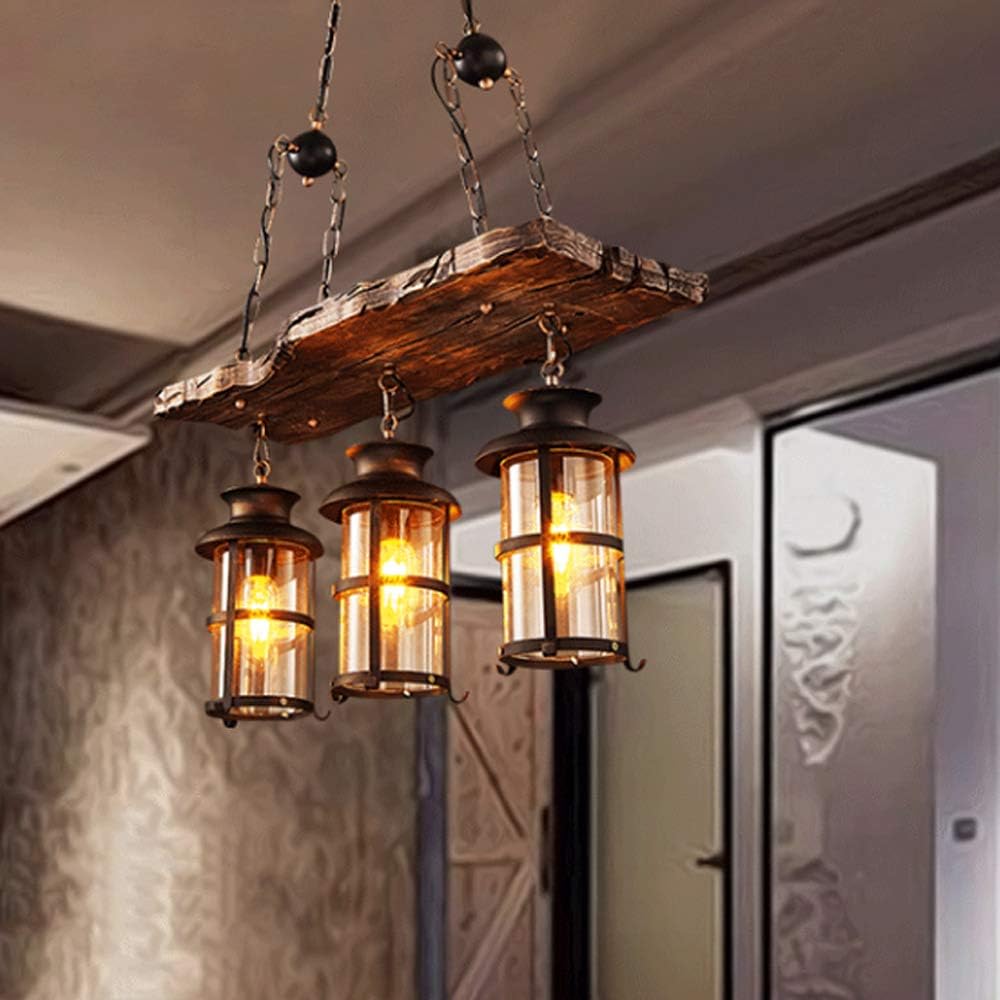 Vintage Pendellampe E27 Industrie Kronleuchter Vintage Holz Pendelleuchte Schwarz Eisen Glas Lampenschirm Höhenverstellbare Hängelampe 3 Flammen Beleuchtung Loft Esszimmer Wohnzimmer Bar Deko Lampe