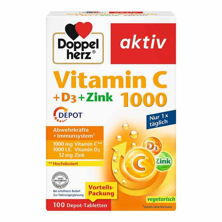 Doppelherz Vitamin C 1000 + D3 + Zink Depot Tabletten, 100 St