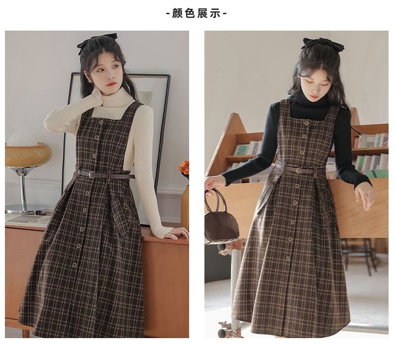 sansweet - Set: Mock Neck Plain Sweater + Plaid Overall Midi A-lijn Jurk