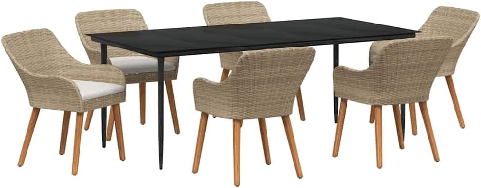 7-TLG Gartenmöbel Set Beige 200x100 cm Poly-Rattan Tisch mit Sicherheitsglas 6 Sitzplätze wetterfest Balkon Terrasse
